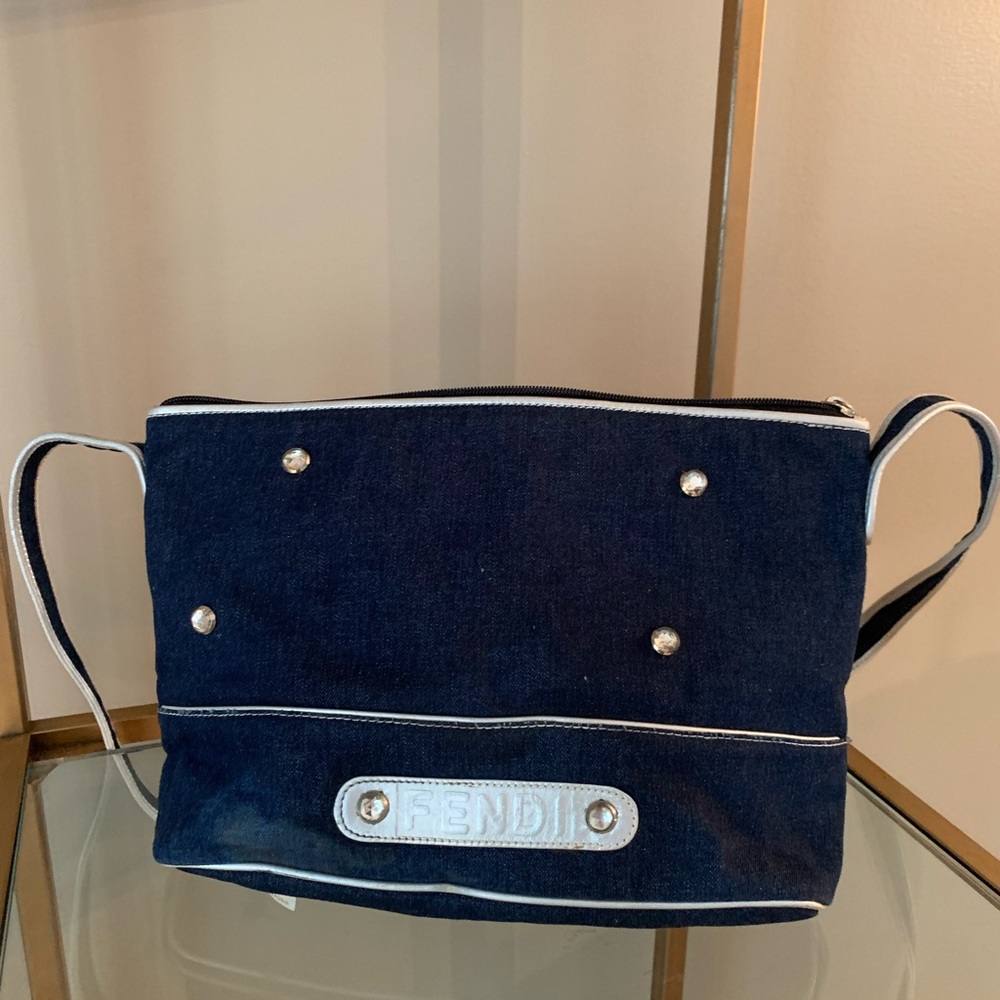 FENDI vintage denim adjustable bag with silver leather piping and rhinestones.